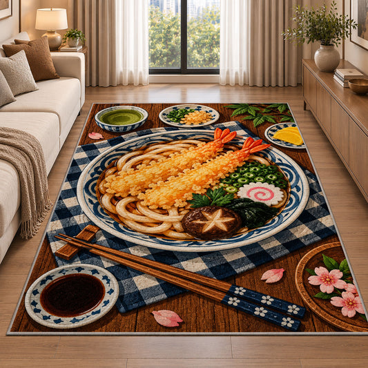 Tempura Udon Rug in a bright living room with a sofa