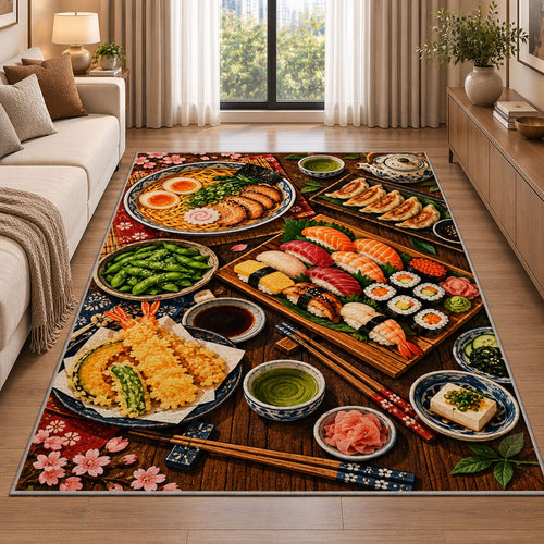 Japanese Feast Rug in a bright living room with a sofa