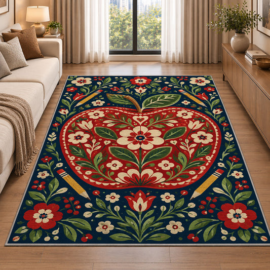 Folk Art Apple Rug in a bright living room with a sofa