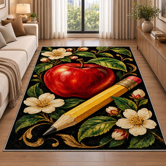 Apple and Pencil Rug in a bright living room with a sofa