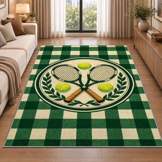 Tennis Club Rug in a bright living room with a sofa