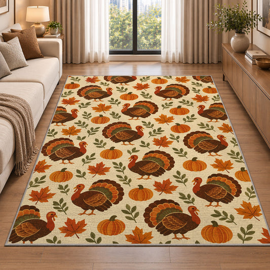 Turkey and Pumpkin Pattern Rug in a bright living room with a sofa