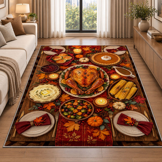 Thanksgiving Dinner Table Rug in a bright living room with a sofa