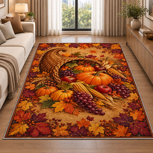 Cornucopia Harvest Rug in a bright living room with a sofa