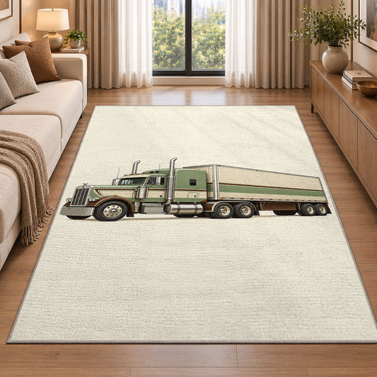 Vintage 1950s truck rug in a bright living room with a sofa