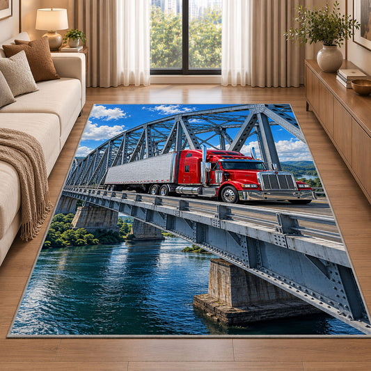 Semi truck crossing a steel bridge rug in a bright living room with a sofa
