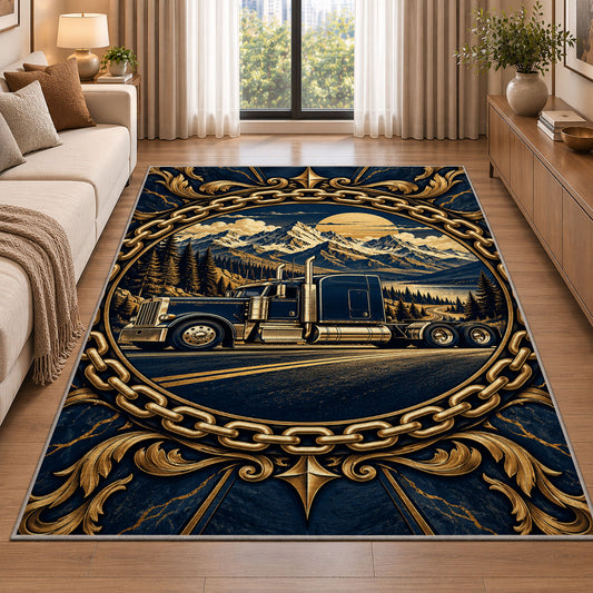 Trucker badge emblem rug in a bright living room with a sofa