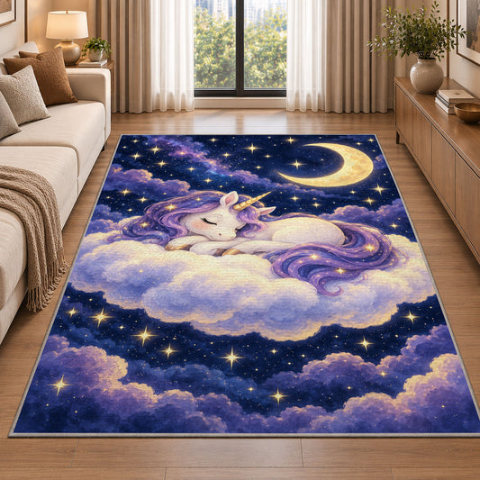 unicorn sleeping on a cloud rug in a bright living room with a sofa