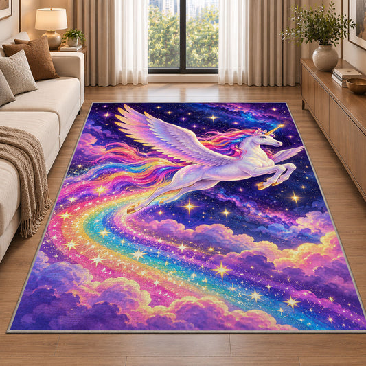 winged unicorn flying through stars rug in a bright living room with a sofa