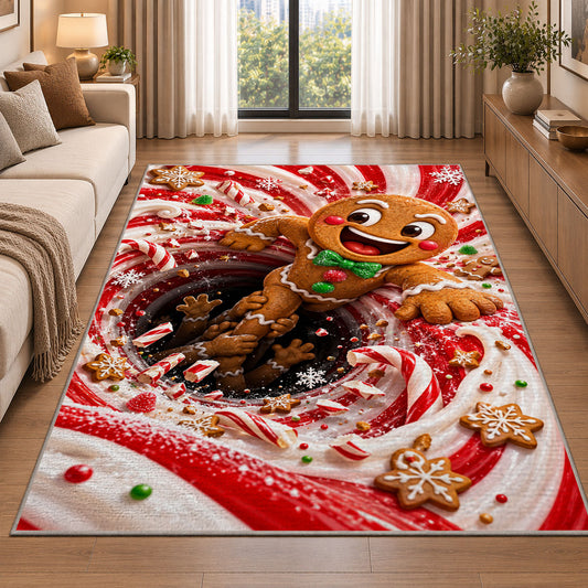 A cheerful gingerbread figure with a green bow pops out of a bold peppermint spiral; rug shown in a neutral entryway with size label