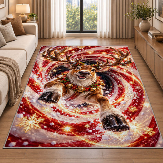 A smiling reindeer with a bell collar emerges from sweeping red and golden spiral rings; rug shown in a neutral entryway with size label