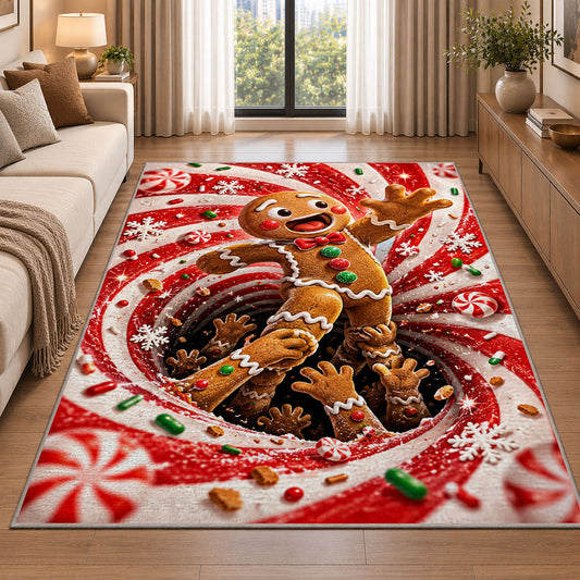 A friendly gingerbread figure steps out of a swirling cookie-filled tunnel; rug shown in a neutral entryway with size label