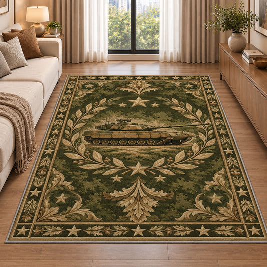 Military Tank Emblem rug in a bright living room with a sofa