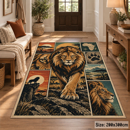 Majestic Lion Savanna Collage area rug in golden brown, sage and blue, view 2