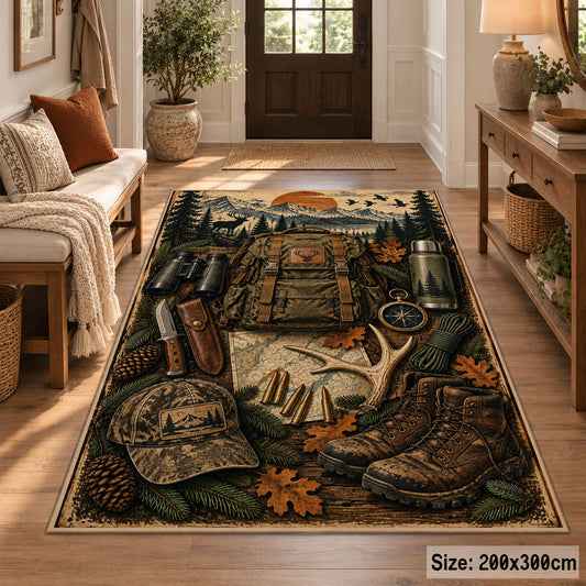 Hunting Boots and Woodland Gear area rug in earth brown, olive and tan, view 2