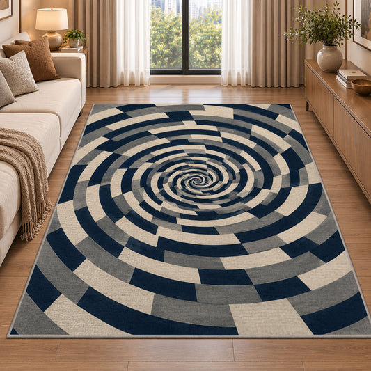 Spiral Optical Illusion Area Rug, Navy Cream Geometric Swirl Rug, Modern Statement Decor - Image 2