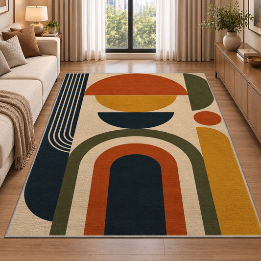 Mid Century Geometric Area Rug, Orange Olive Arch Shapes Rug, Retro Modern Room Decor - Image 2