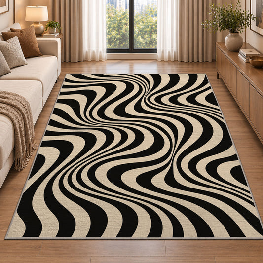 Wavy Optical Illusion Area Rug, Black Cream Swirl Pattern Rug, Modern Statement Room Decor - Image 2