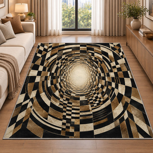 Checkerboard Tunnel Area Rug, Black Beige Optical Illusion Rug, Retro Geometric Room Decor - Image 2