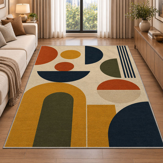 Mid Century Geometric Area Rug, Mustard Rust Arch Shapes Rug, Retro Modern Room Decor - Image 2