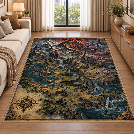 Dark mountain map rug with fiery volcano, waterfalls, and castles in a living room beside a sofa
