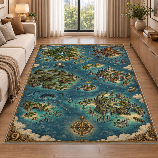 Fantasy archipelago map rug with blue ocean, castle islands, and sailing vessels in a living room beside a sofa