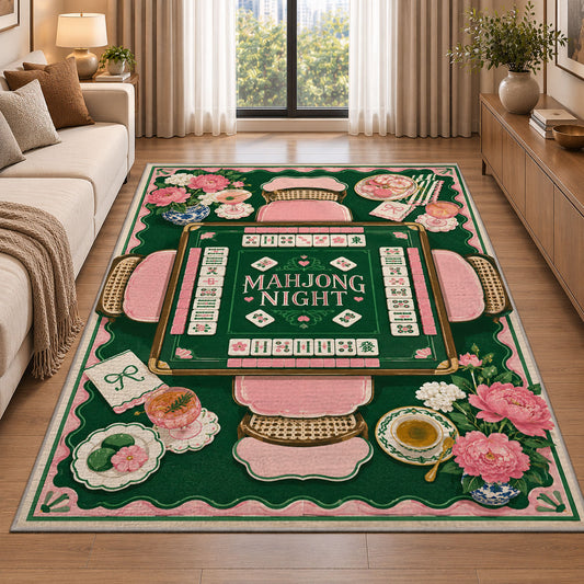 Green Mahjong Table Rug with Pink Floral Tea Details in a living room beside a sofa