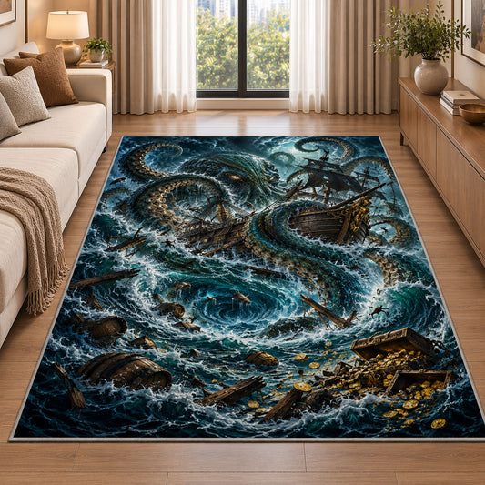 Kraken attacking a ship in a stormy sea rug in a living room beside a sofa