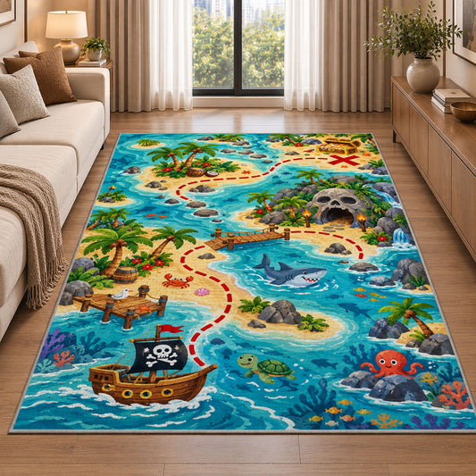Cartoon treasure hunt map with sea animals rug in a living room beside a sofa