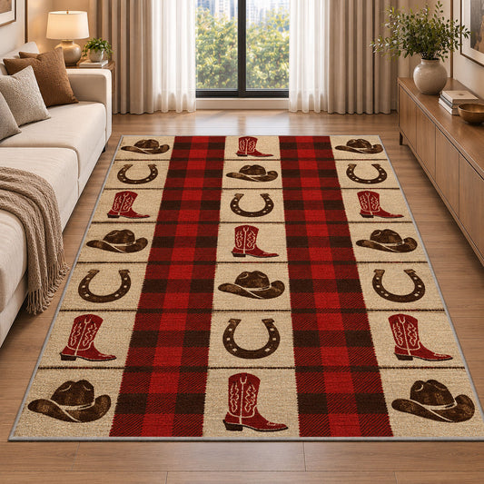 Cowboy plaid check rug in a bright living room with a sofa
