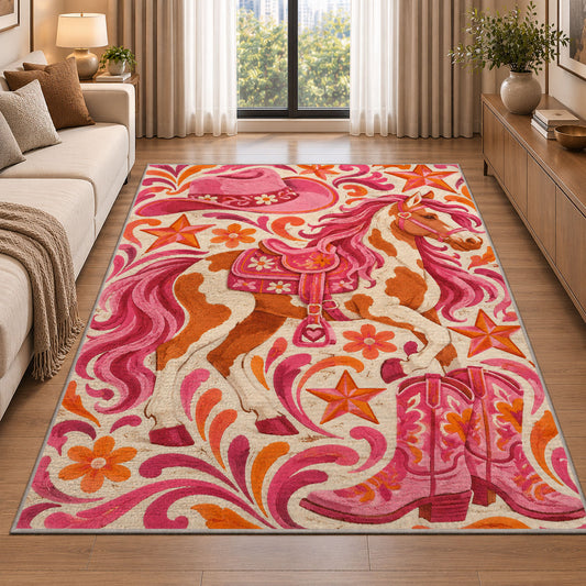 Pink cowgirl rug in a bright living room with a sofa