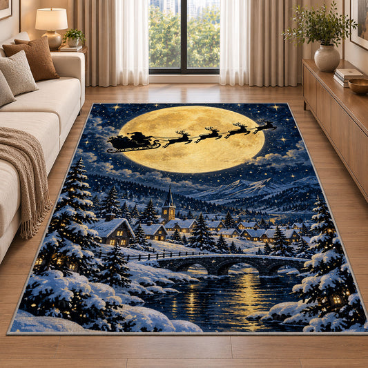 Santa Sleigh Full Moon rug in a bright living room with a sofa