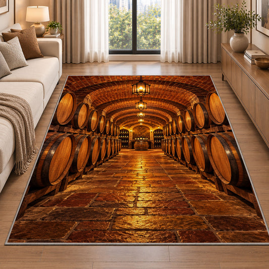 wine cellar barrels rug in a bright living room with a sofa