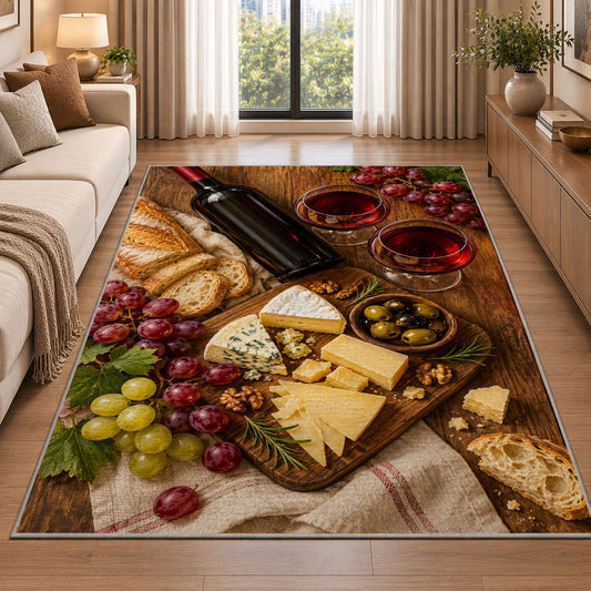wine and cheese board rug in a bright living room with a sofa
