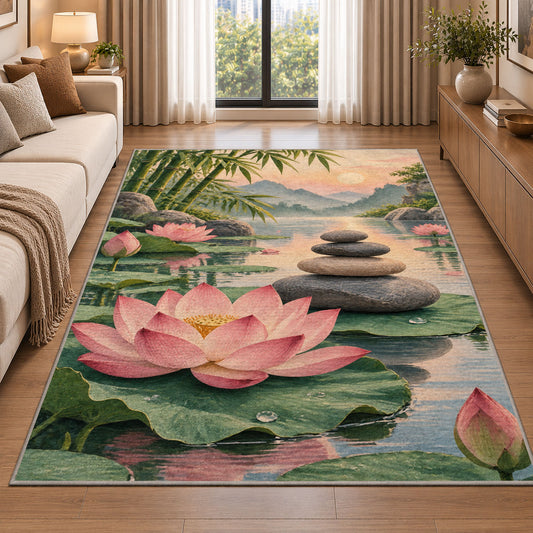 zen stones and lotus rug in a bright living room with a sofa