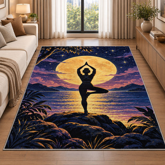 moonlight tree pose rug in a bright living room with a sofa