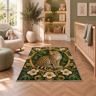 Vintage Leopard Oval Frame Rug in a nursery with a crib and armchair