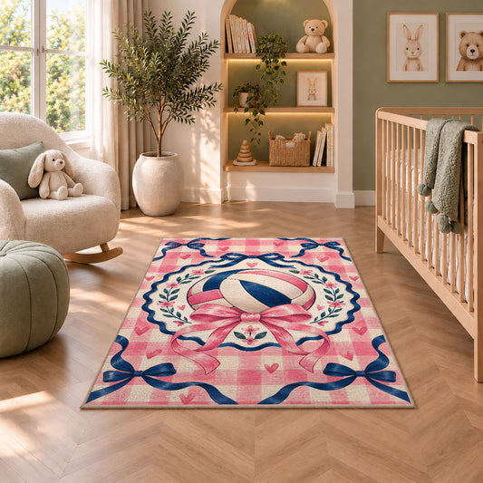 Preppy Pink Volleyball Rug in a nursery with a crib and armchair