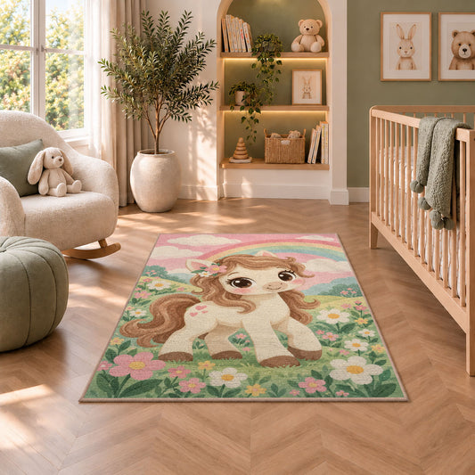 Cute Pony Nursery Rug in a nursery with a crib and armchair