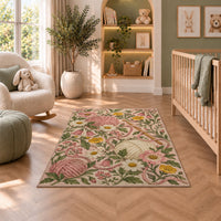 Cottagecore Yarn and Flowers Rug in a nursery with a crib and armchair
