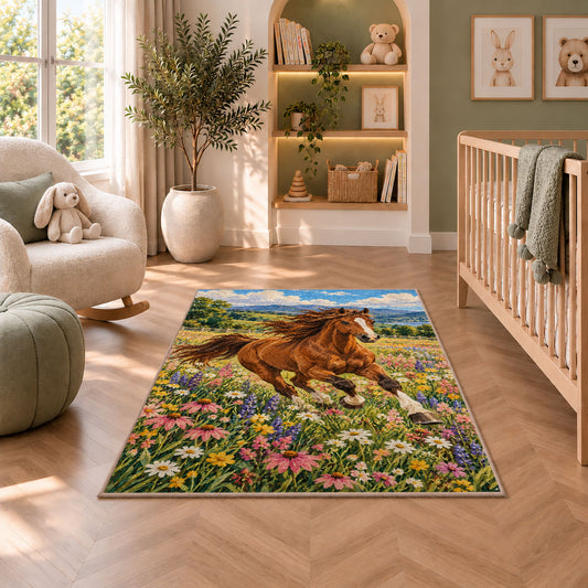 Horse in Wildflower Meadow Rug in a nursery with a crib and armchair
