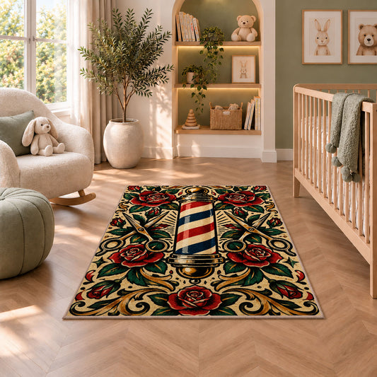 tattoo style barber pole rug in a nursery with a crib and armchair
