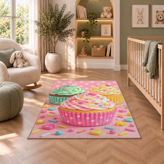 Cute pastel cupcakes rug in a nursery with a crib and armchair