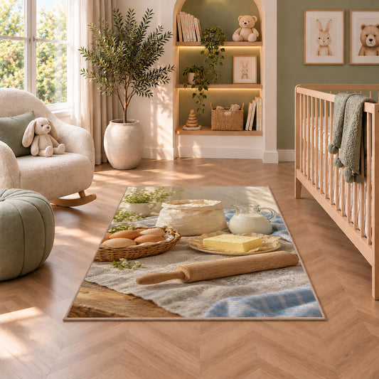 Eggs flour and butter rug in a nursery with a crib and armchair