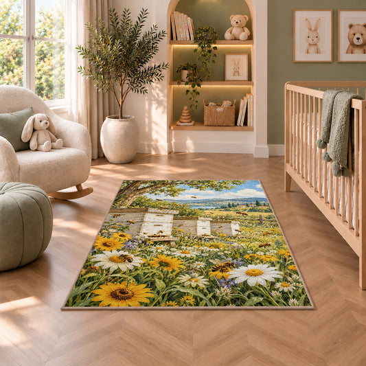Vintage Bee Farm Rug in a nursery with a crib and armchair