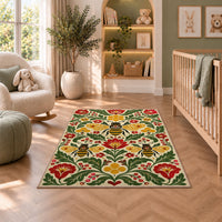 Scandinavian Folk Art Bee Rug in a nursery with a crib and armchair