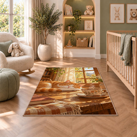 Cat and Morning Coffee rug in a nursery with a crib and armchair