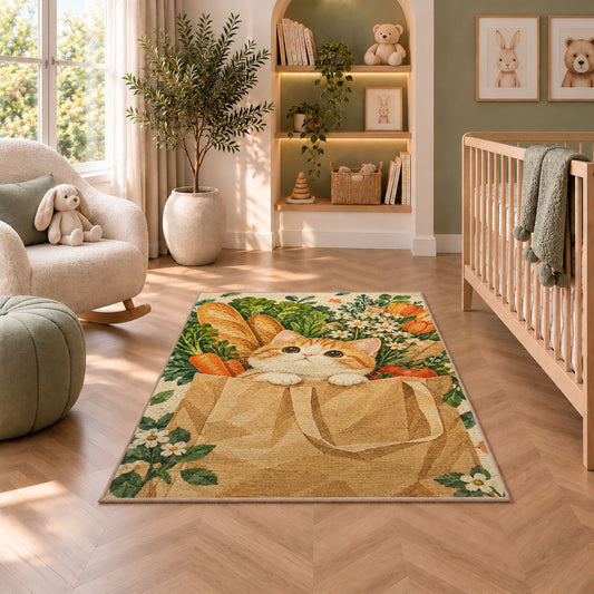 Cat in Grocery Bag rug in a nursery with a crib and armchair