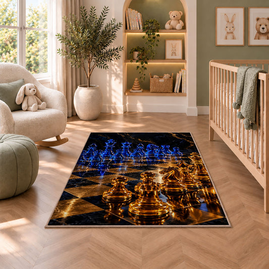 glowing glass chess pieces rug in a nursery with a crib and armchair