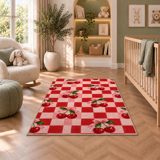 Checkered Cherry Rug in a nursery with a crib and armchair